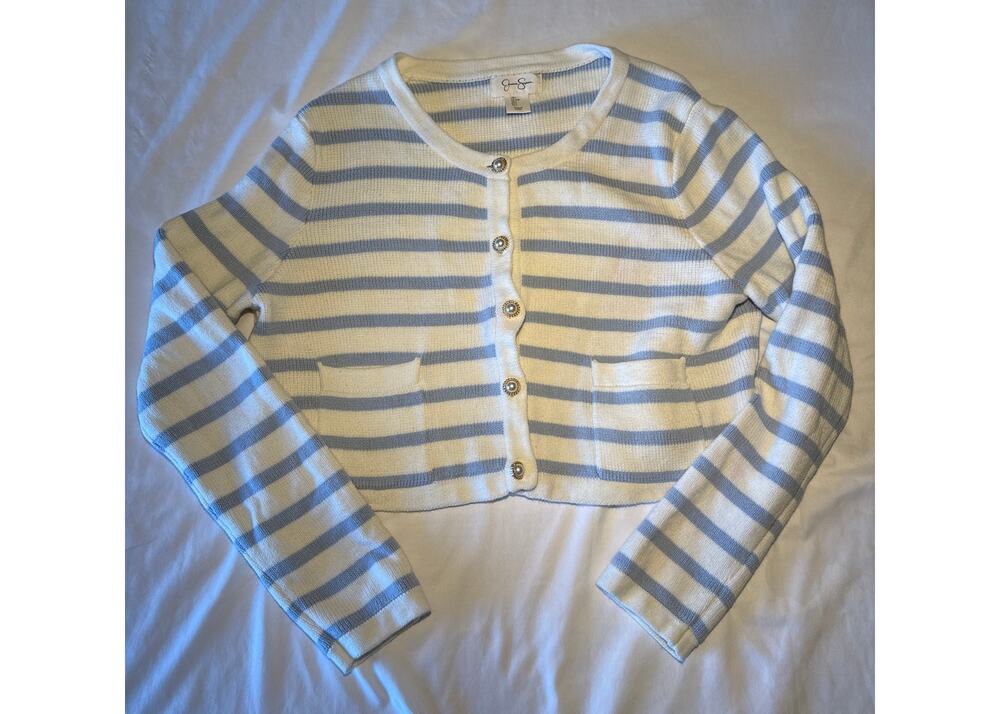 Jessica Simpson Large Blue White Striped Cropped Cardigan Pearl Buttons Pockets